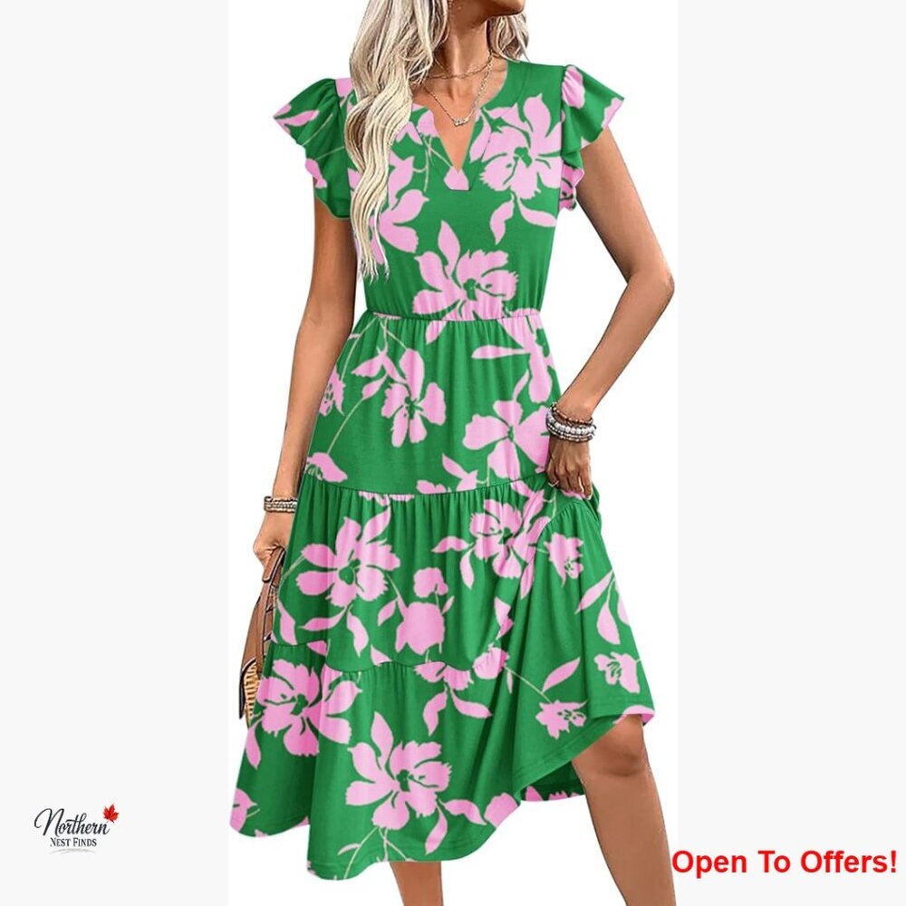 Polyester Blend Summer Casual Dress with Pockets Ruffle Sleeve V-Neck